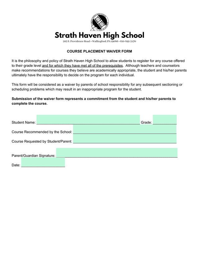Course Placement Waiver Form screenshot