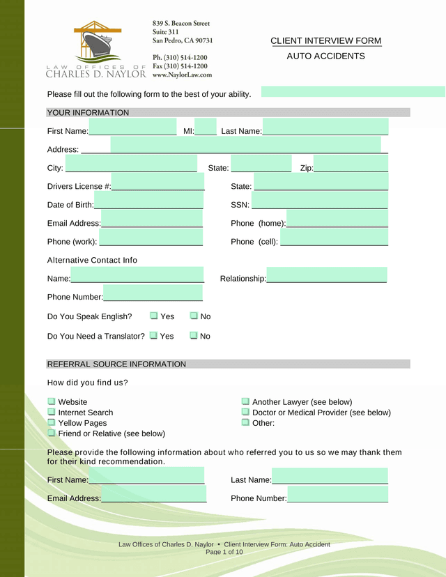 Client Interview Form Auto Accidents screenshot