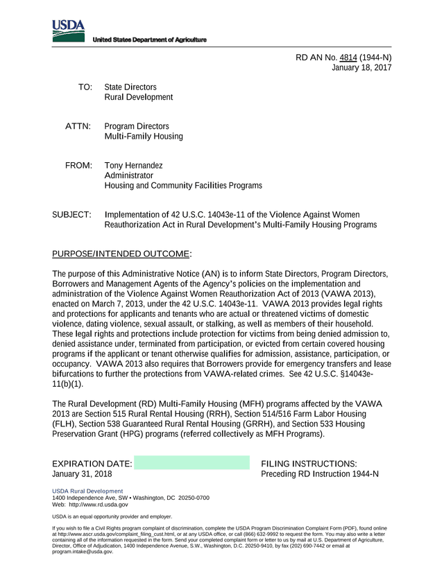 Administrative Notice (AN) 4814   VAWA Implementation In Rural Development Multi Family Housing Prog screenshot