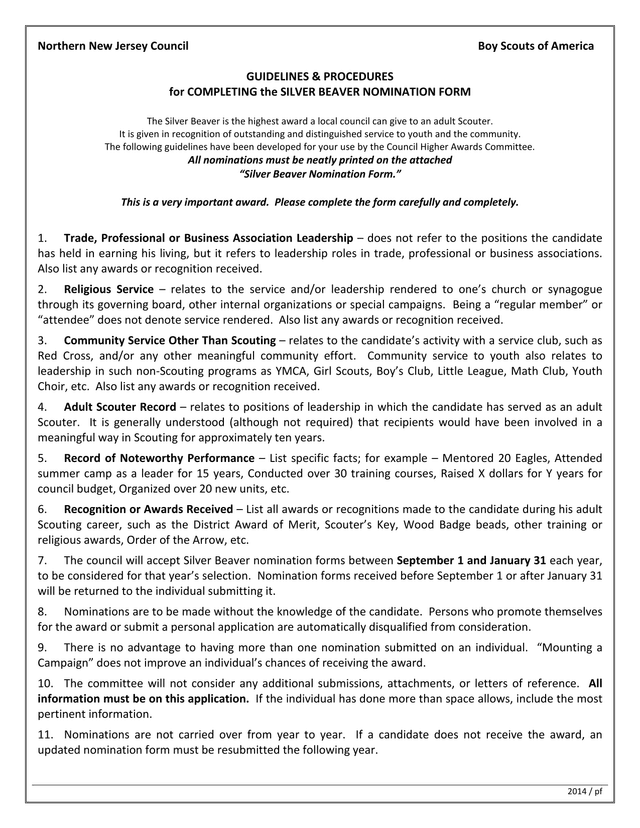 Guidelines  Procedures For Completing The Silver Beaver Nomination Form screenshot