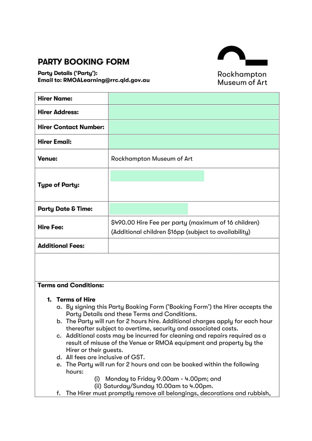 Party Booking Form screenshot