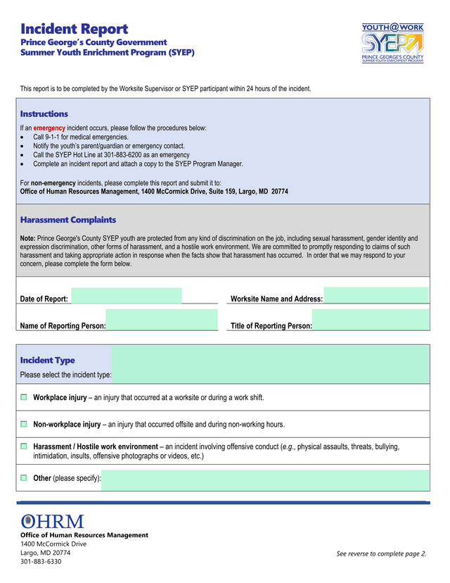 Incident Report   Prince GeorgeS County Summer Youth Enrichment Program (SYEP) screenshot