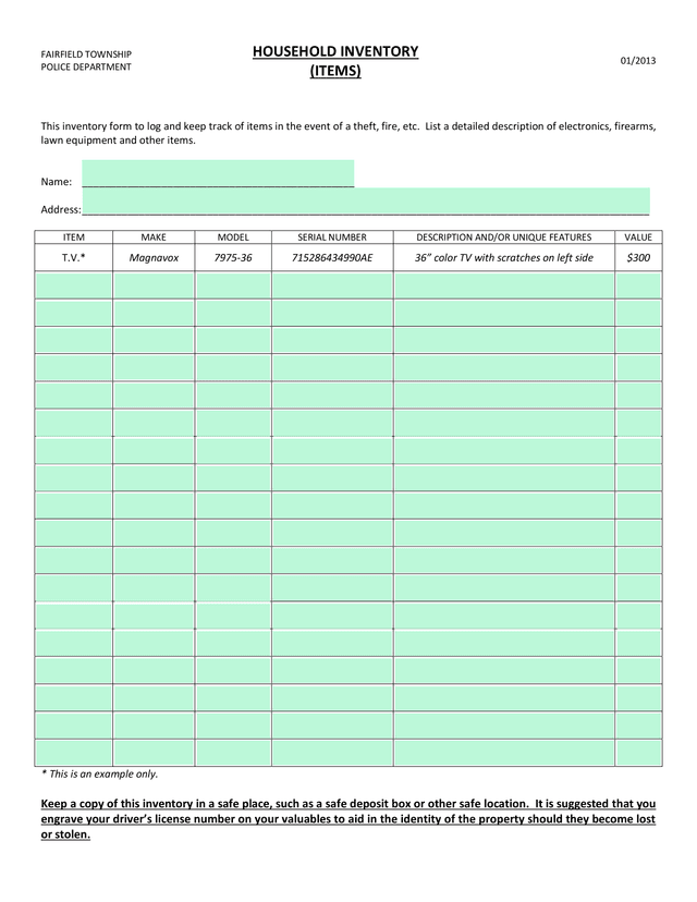 Fairfield Township Police Department Household Inventory screenshot
