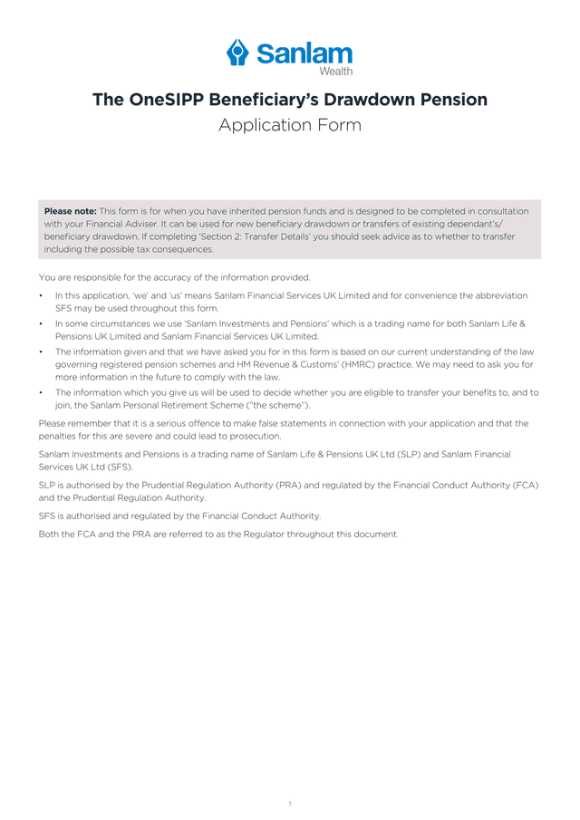 OneSIPP BeneficiaryS Drawdown Pension Application Form screenshot