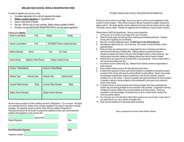 MIDLAND HIGH SCHOOL VEHICLE REGISTRATION FORM screenshot