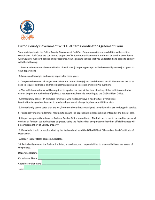 Fulton County Government WEX Fuel Card Coordinator Agreement Form screenshot