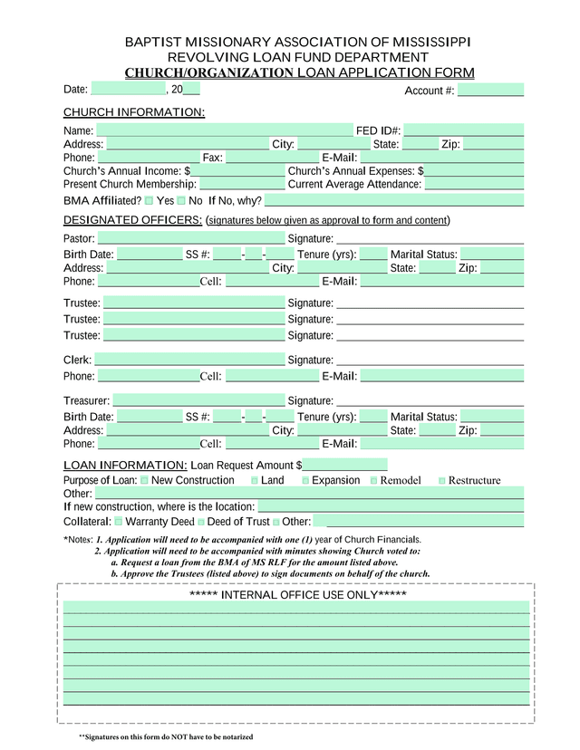 ChurchOrganization Loan Application Form screenshot