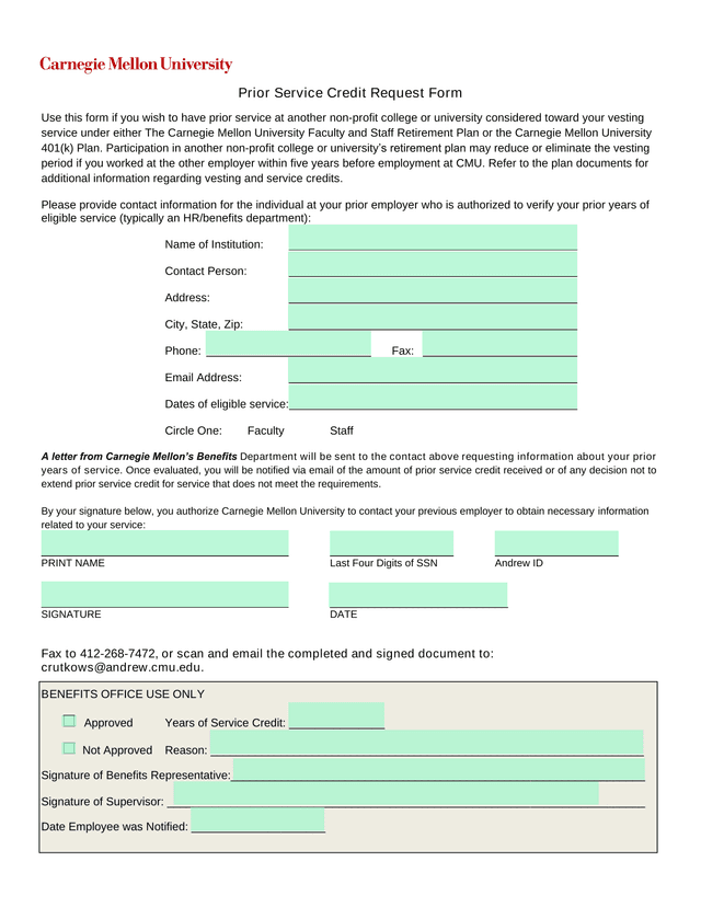 Prior Service Credit Request Form screenshot