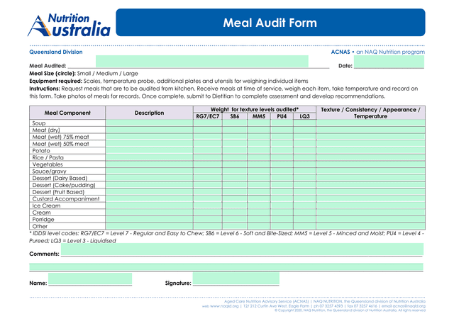 Meal Audit Form screenshot