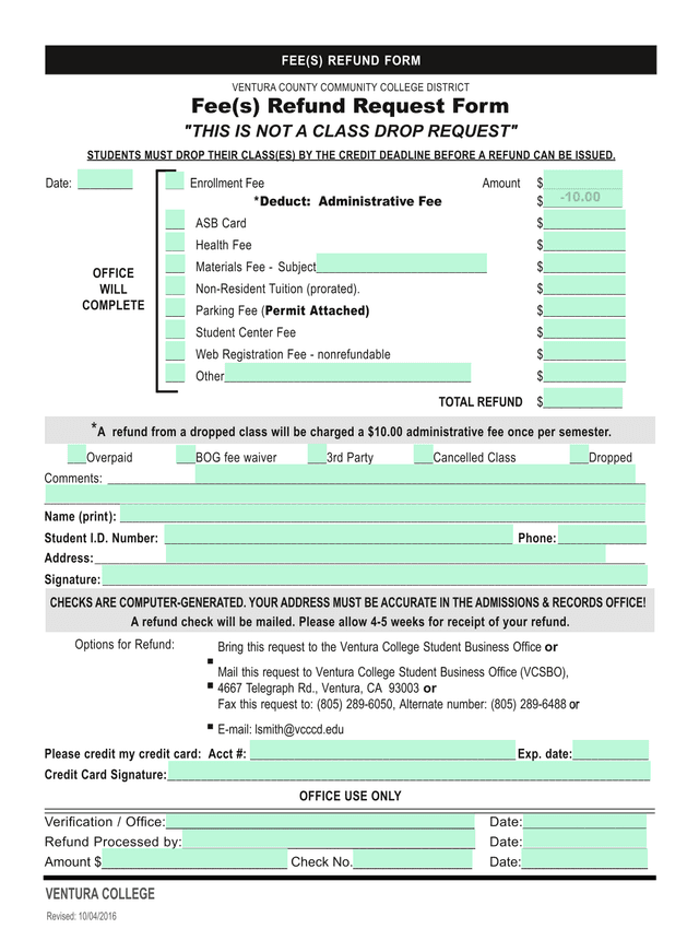 Fee(S) ReFund FoRm screenshot
