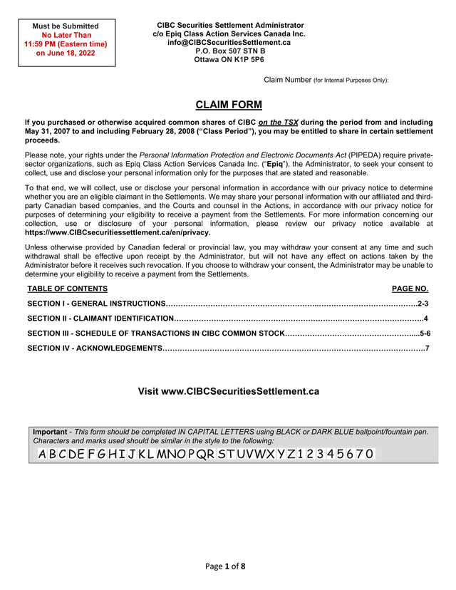 CIBC Securities Settlement Claim Form screenshot