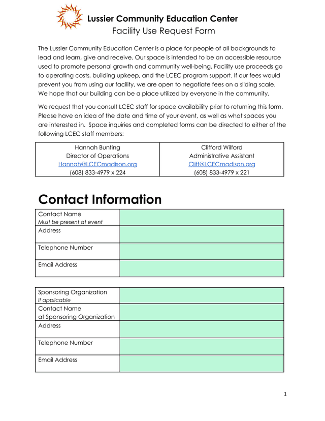 Lussier Community Education Center Facility Use Request Form screenshot
