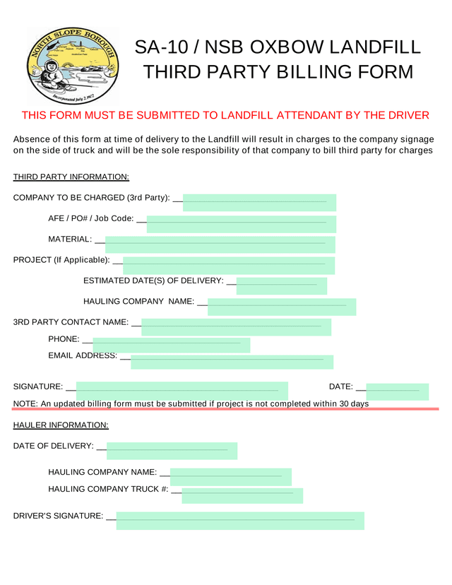 SA 10  NSB OXBOW LANDFILL THIRD PARTY BILLING FORM screenshot