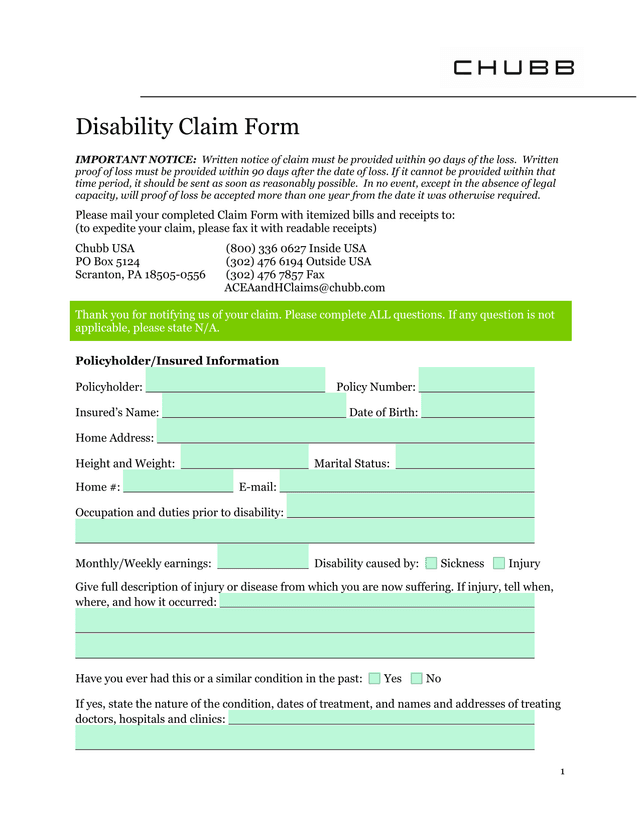 Disability Claim Form screenshot