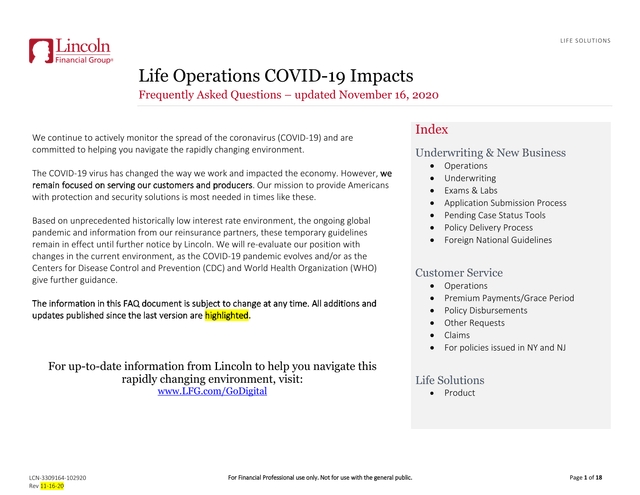 Life Solutions COVID 19 Impacts Frequently Asked Questions screenshot