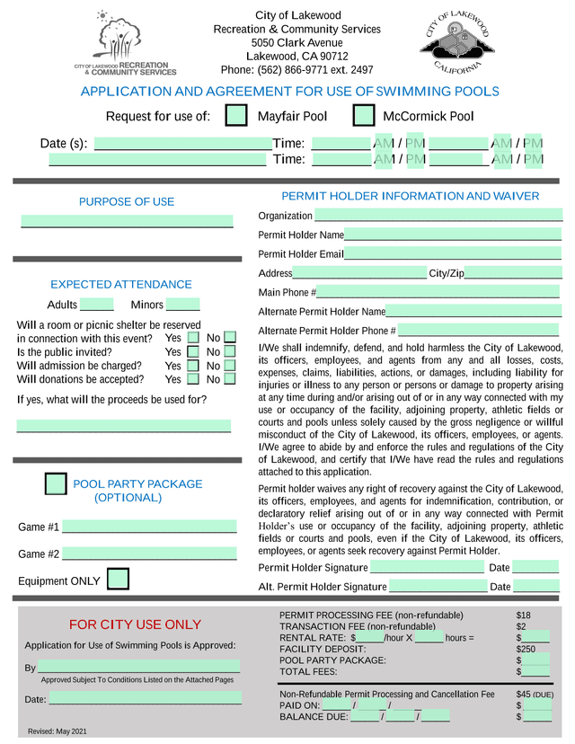 APPLICATION AND AGREEMENT FOR USE OF SWIMMING POOLS screenshot