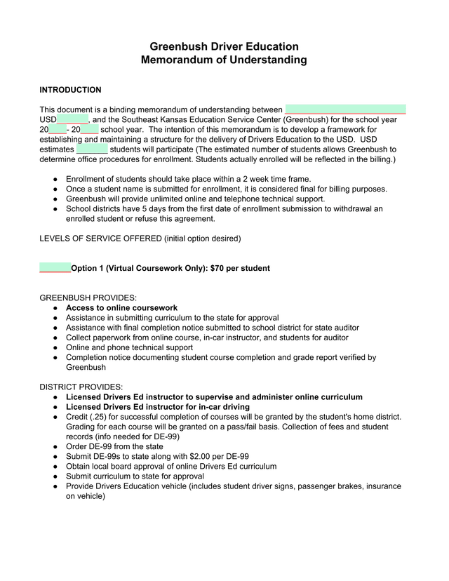 Greenbush Driver Education Memorandum Of Understanding screenshot