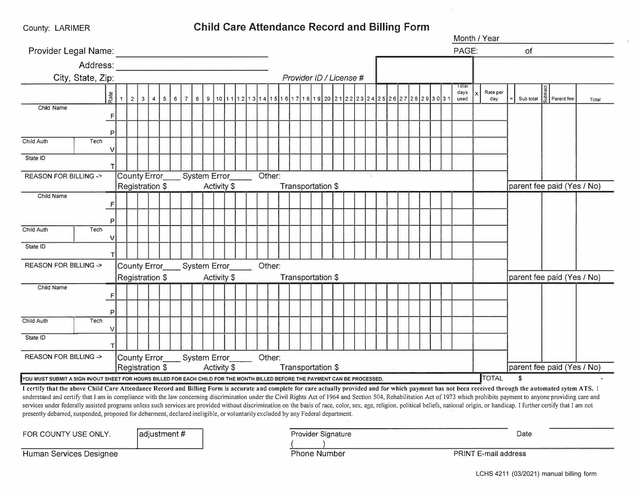 Child Care Attendance Record And Billing Form screenshot
