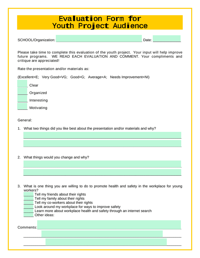 Evaluation Form For Youth Project Audience screenshot