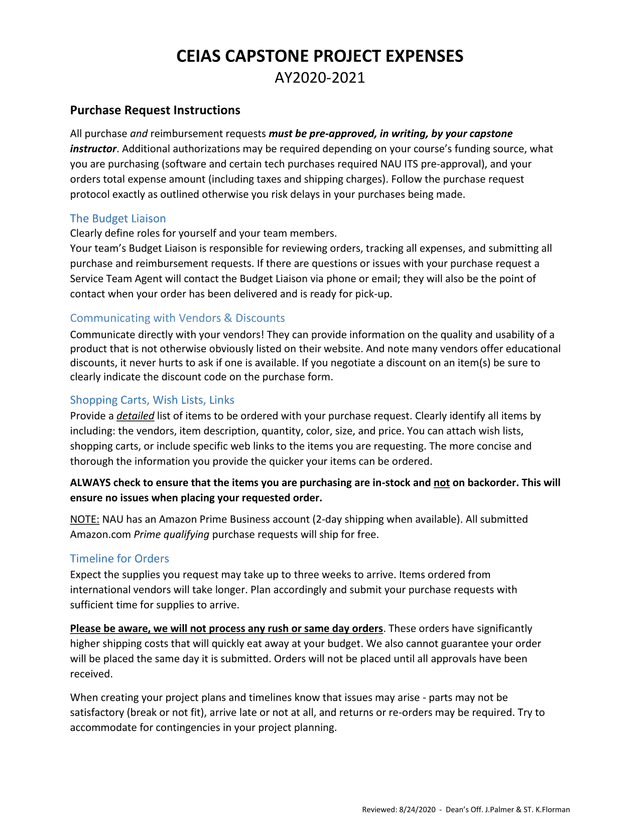 CEIAS Capstone Project Expenses Purchase Request Instructions screenshot