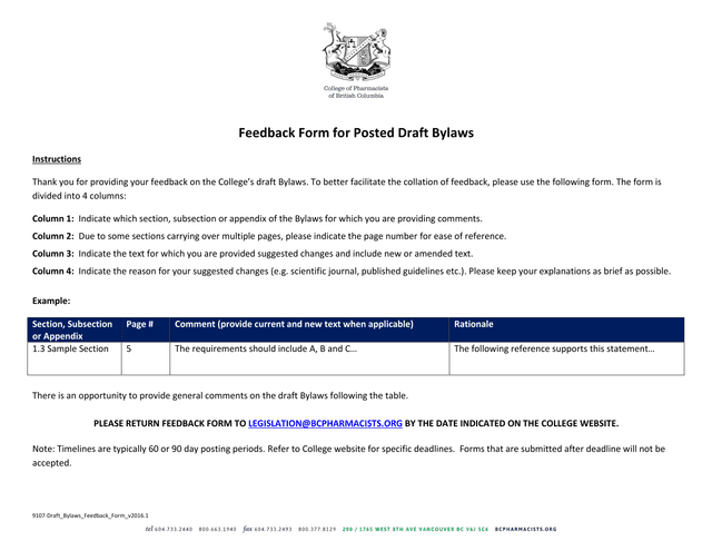 Feedback Form For Posted Draft Bylaws screenshot