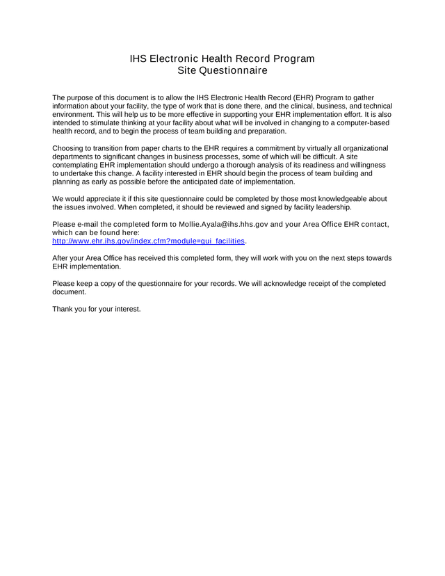 IHS Electronic Health Record Program Site Questionnaire screenshot