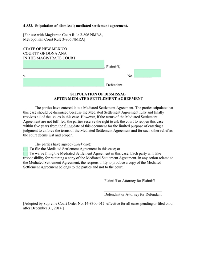 Stipulation Of Dismissal After Mediated Settlement Agreement screenshot