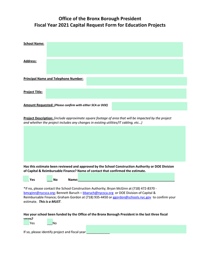Fiscal Year 2021 Capital Request Form For Education Projects screenshot