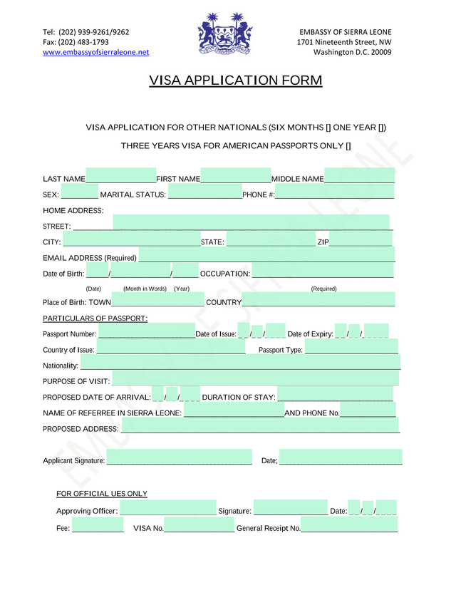 VISA APPLICATION FORM screenshot