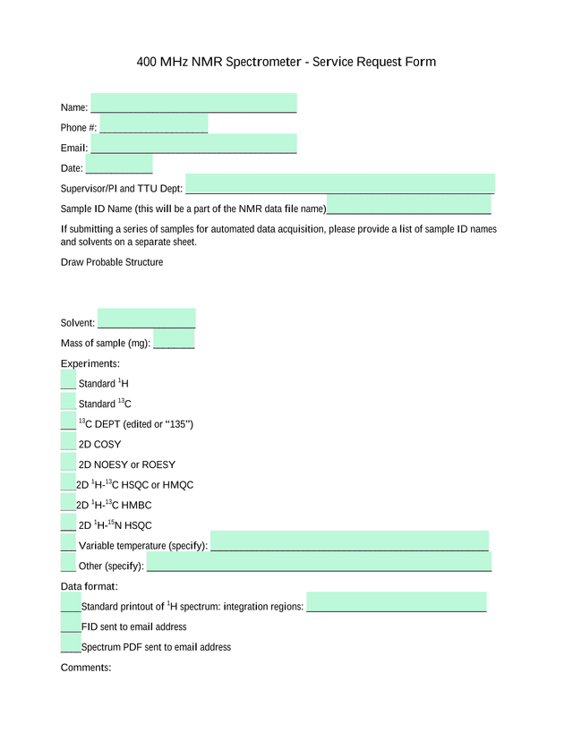 400 MHz NMR Spectrometer   Service Request Form screenshot