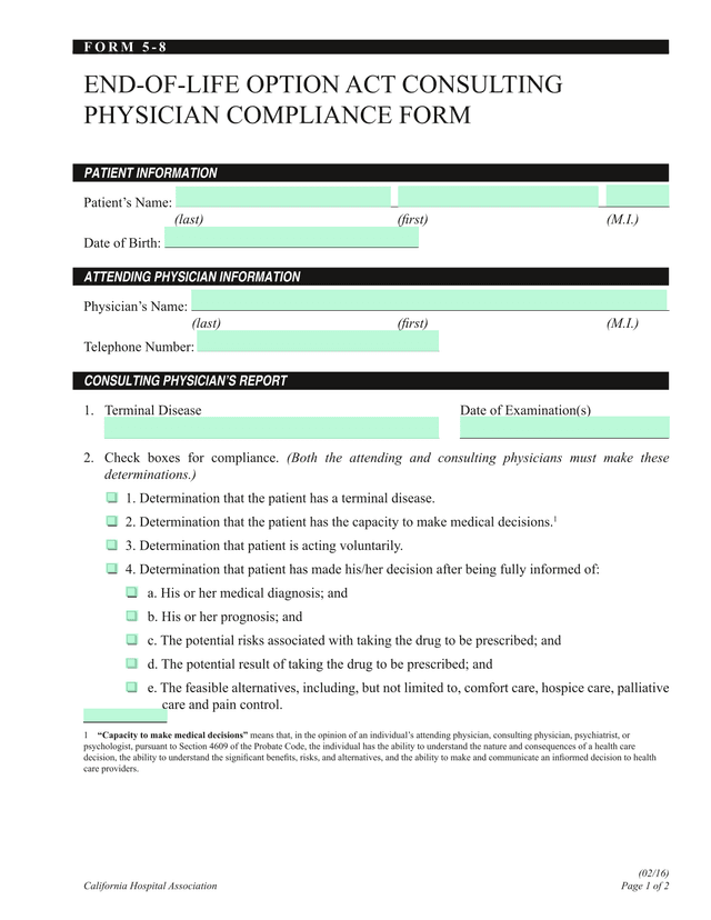 END OF LIFE OPTION ACT CONSULTING PHYSICIAN COMPLIANCE FORM screenshot