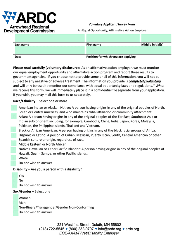 Voluntary Applicant Survey Form screenshot