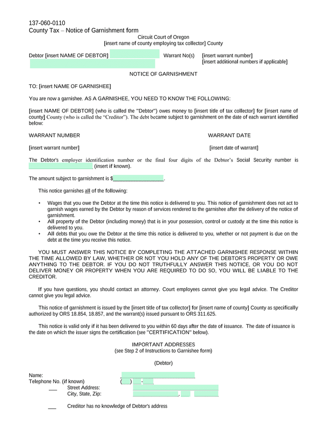 County Tax  Notice Of Garnishment Form screenshot