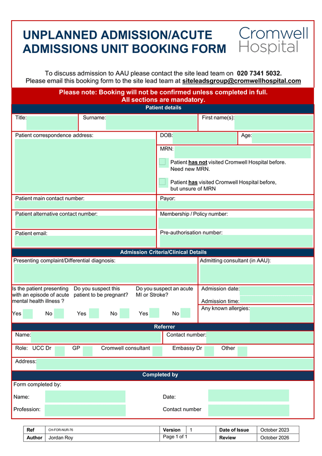 UNPLANNED ADMISSIONAAU BOOKING FORM screenshot