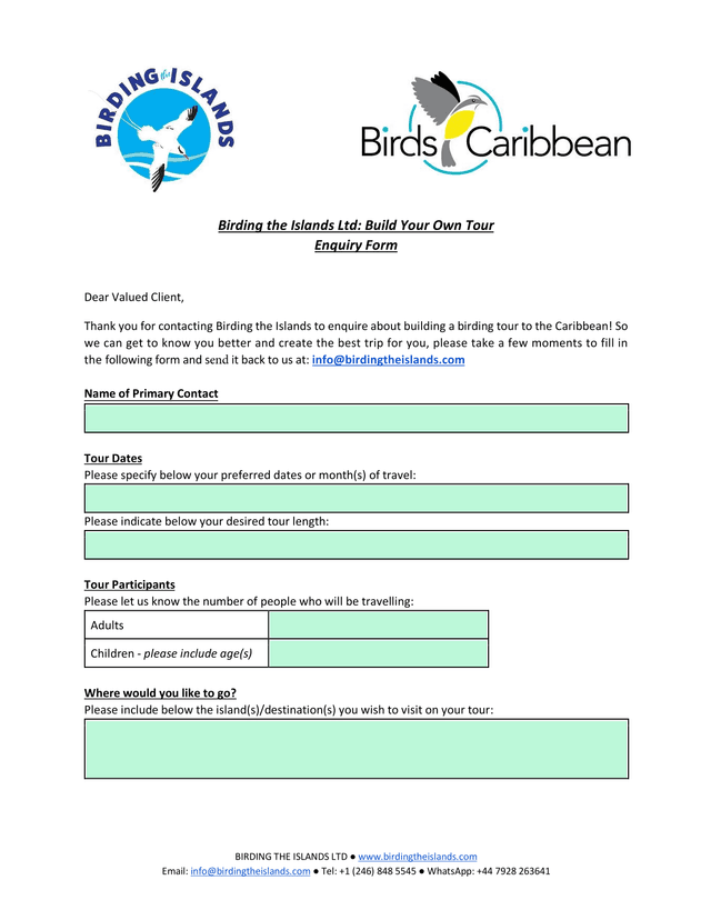 Birding The Islands Ltd Build Your Own Tour Enquiry Form screenshot