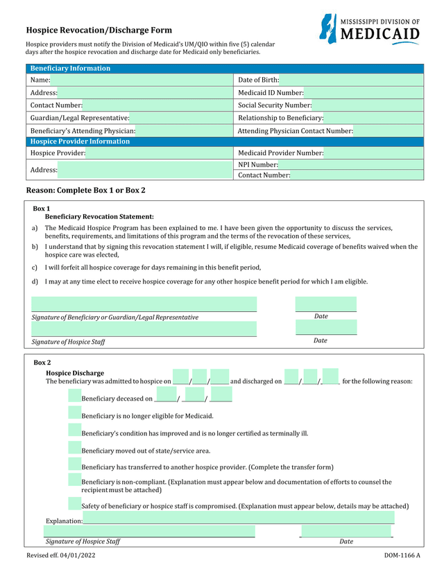 Hospice RevocationDischarge Form screenshot