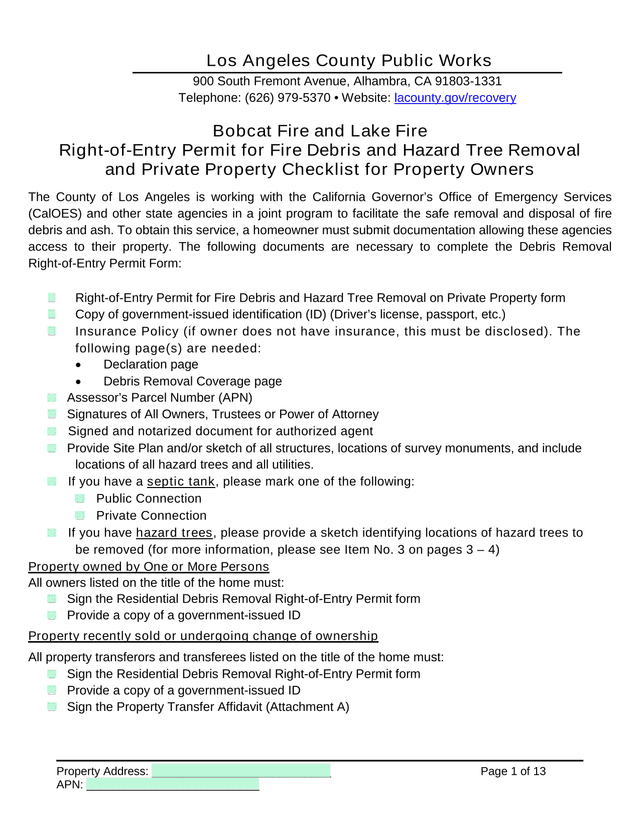 Right Of Entry Permit For Fire Debris And Hazard Tree Removal And Private Property Checklist For Pro screenshot