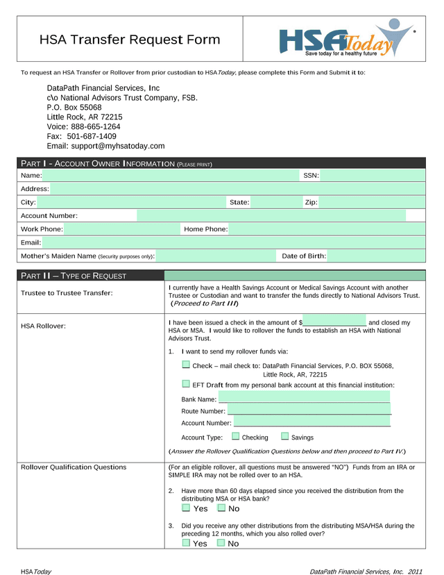 HSA Transfer Request Form screenshot