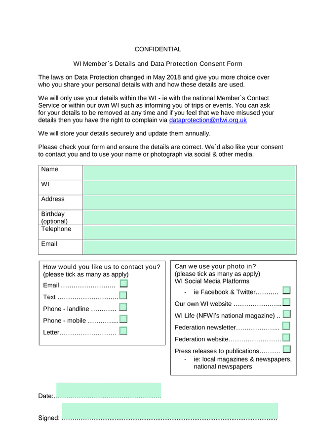WI MemberS Details And Data Protection Consent Form screenshot