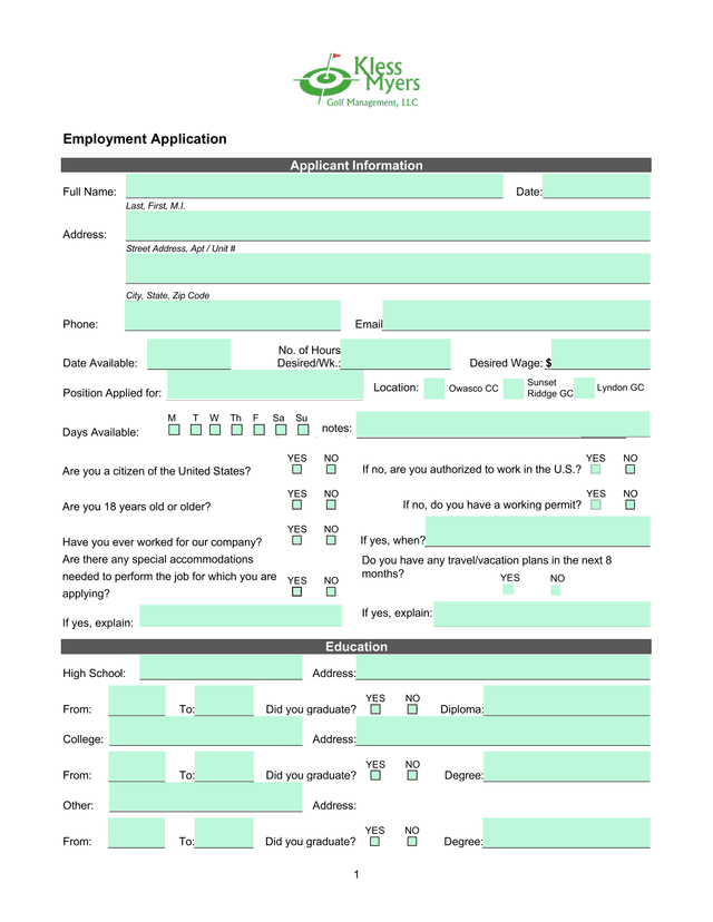 Employment Application screenshot