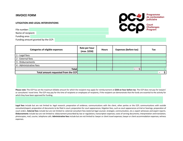 INVOICE FORM LITIGATION AND LEGAL INTERVENTIONS screenshot