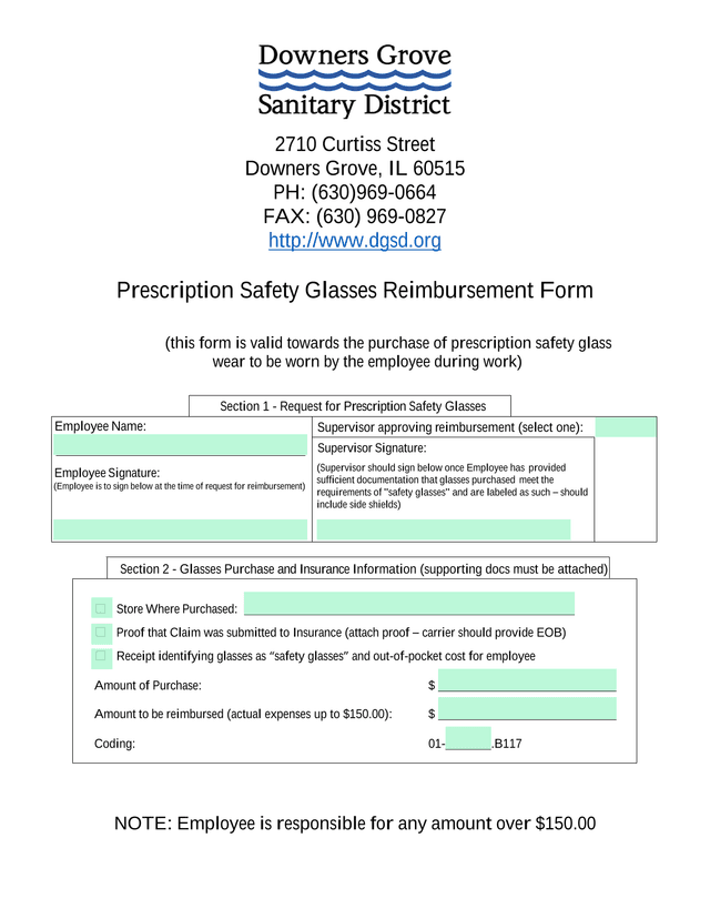 Prescription Safety Glasses Reimbursement Form screenshot