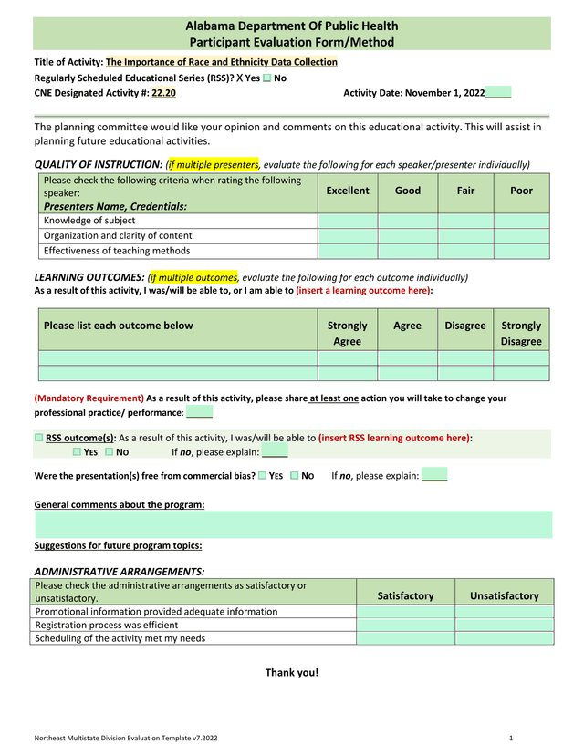 Northeast Multistate Division Evaluation Template screenshot