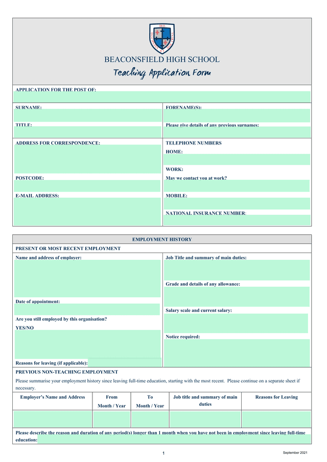 Teaching Application Form screenshot