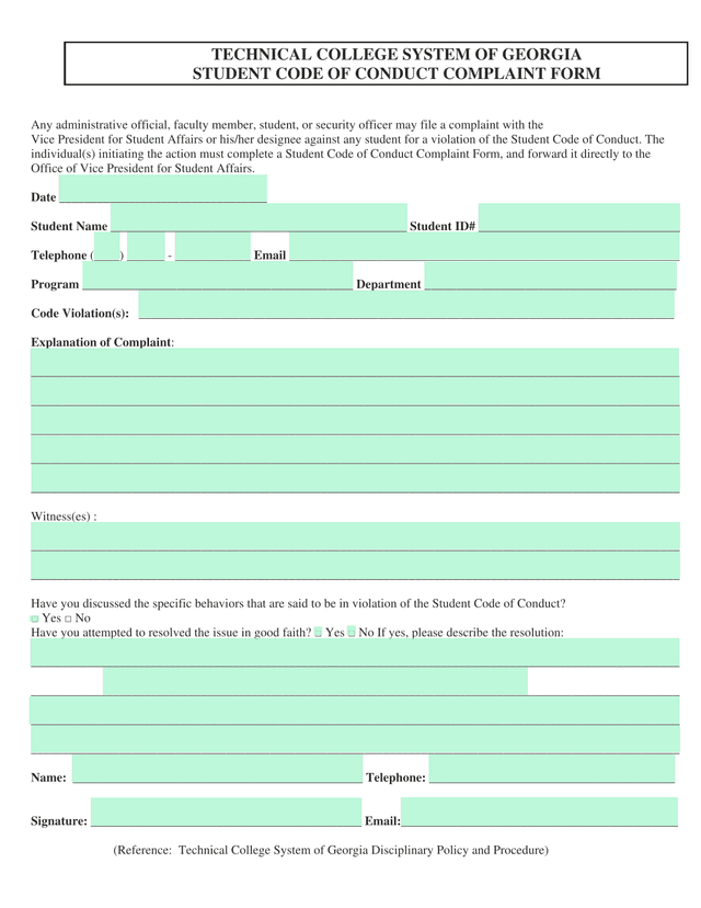 Student Code Of Conduct Complaint Form screenshot