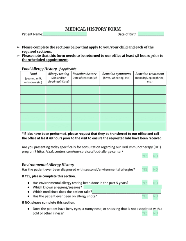 MEDICAL HISTORY FORM screenshot