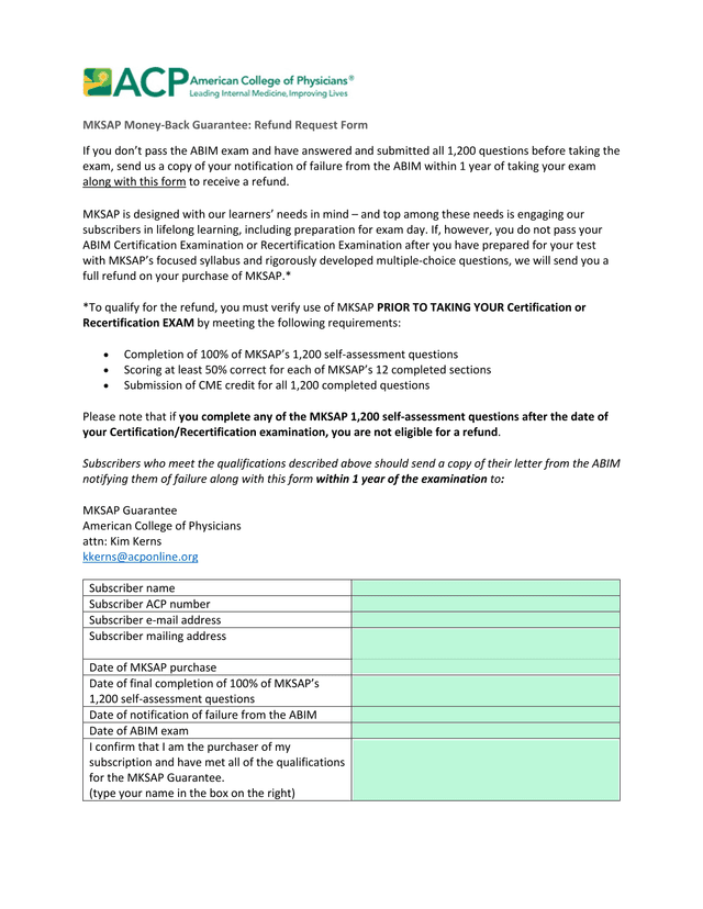 MKSAP Money Back Guarantee Refund Request Form screenshot
