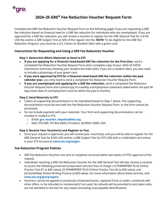 202425 GRE Fee Reduction Voucher Request Form screenshot