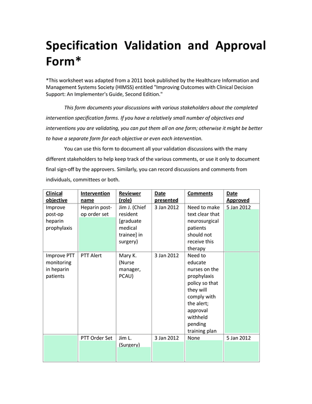 Specification Validation And Approval Form screenshot
