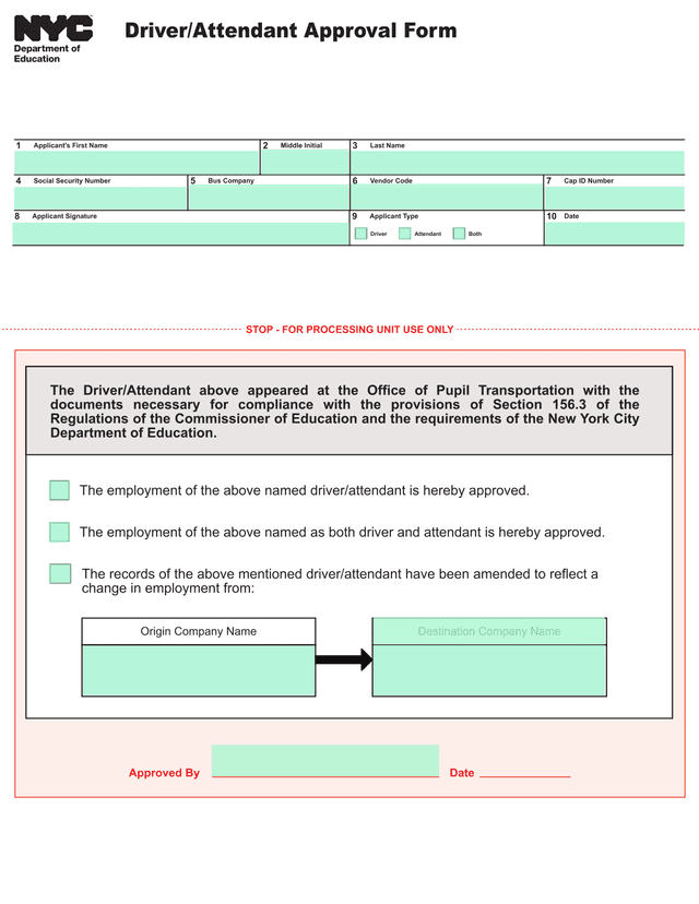 DriverAttendant Approval Form screenshot